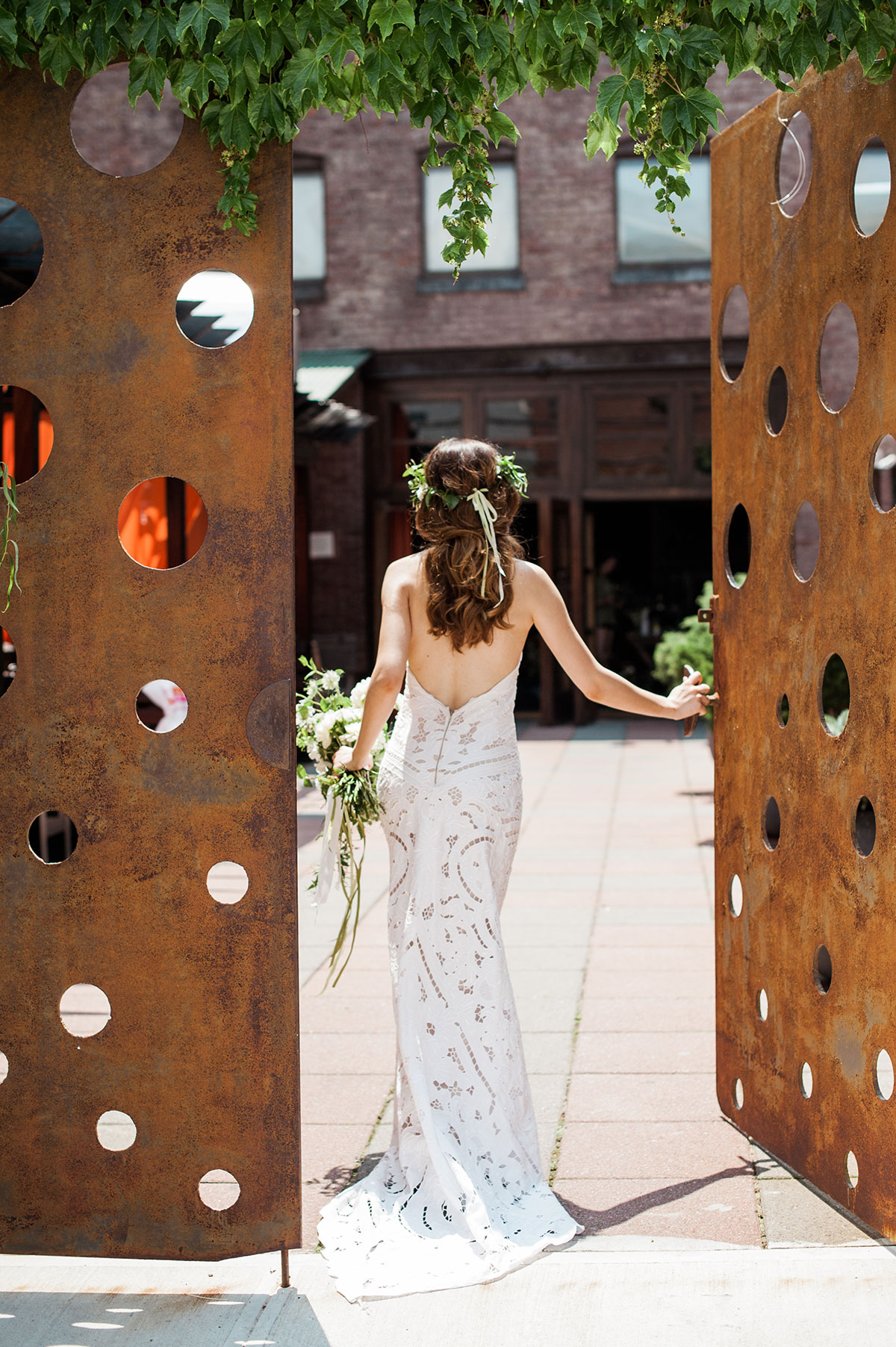 Brooklyn wedding; simple; raw modern aesthetic; natural beauty; bohemian bride; New York Wedding; minimal; white; green and gold; dancing and dessert; Christina Lilly Photography; Lovely Bride; Ivy & Aster; Rue De Seine; Sarah Seven; Bella Figura; My Moon Restaurant and Event Space